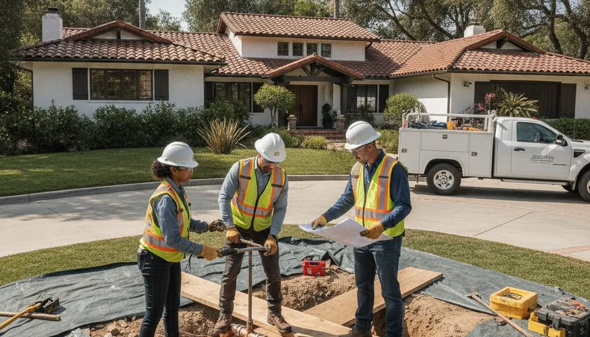 Professional Pasadena, CA plumber repairing a residential leak with plumbing tools onsite