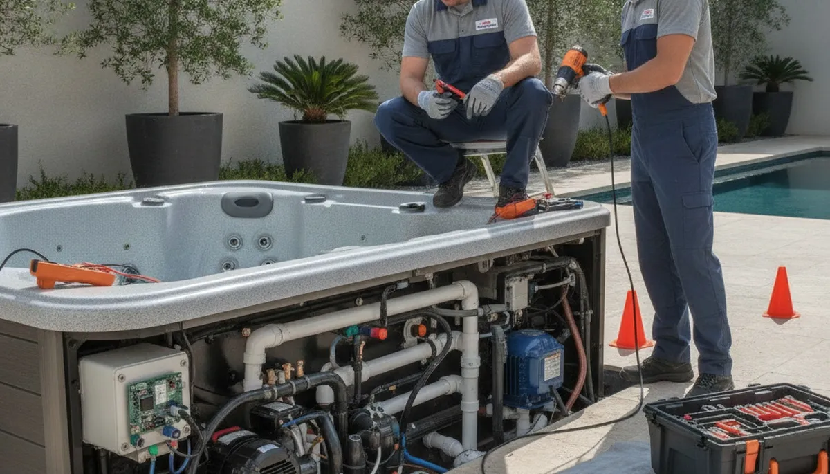 Spa repair technician servicing a Pasadena, CA home spa for reliable plumbing repair and inspection
