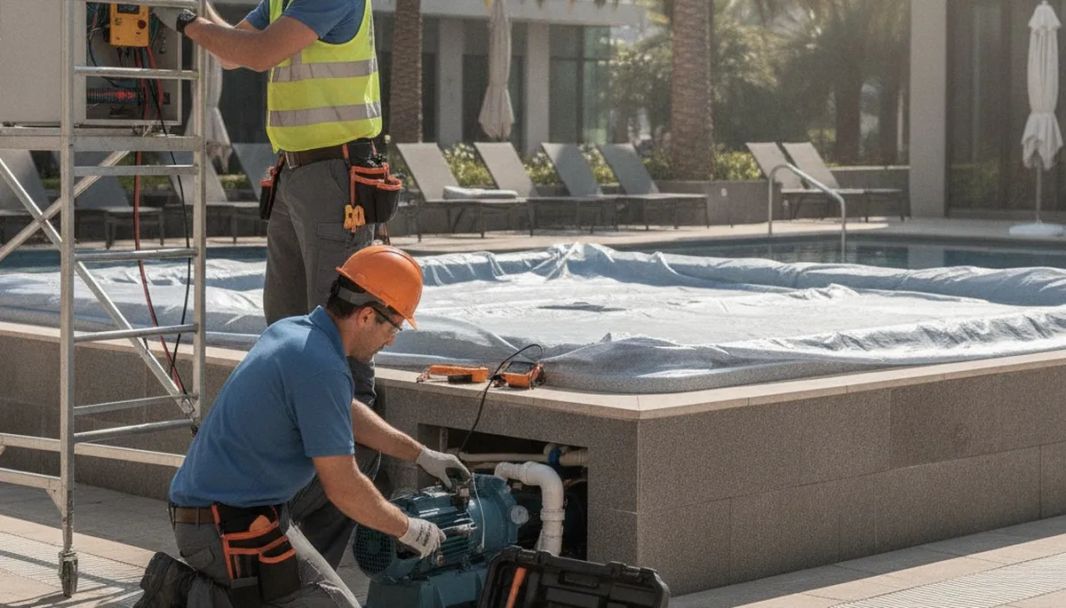 Pasadena, CA plumber inspecting spa repair equipment for a home service call