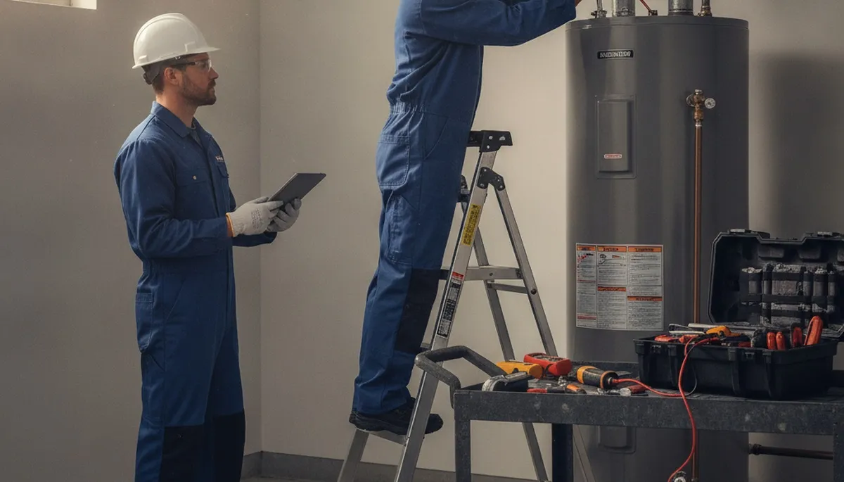 Pasadena, CA plumber repairing a water heater for home service in a residential property